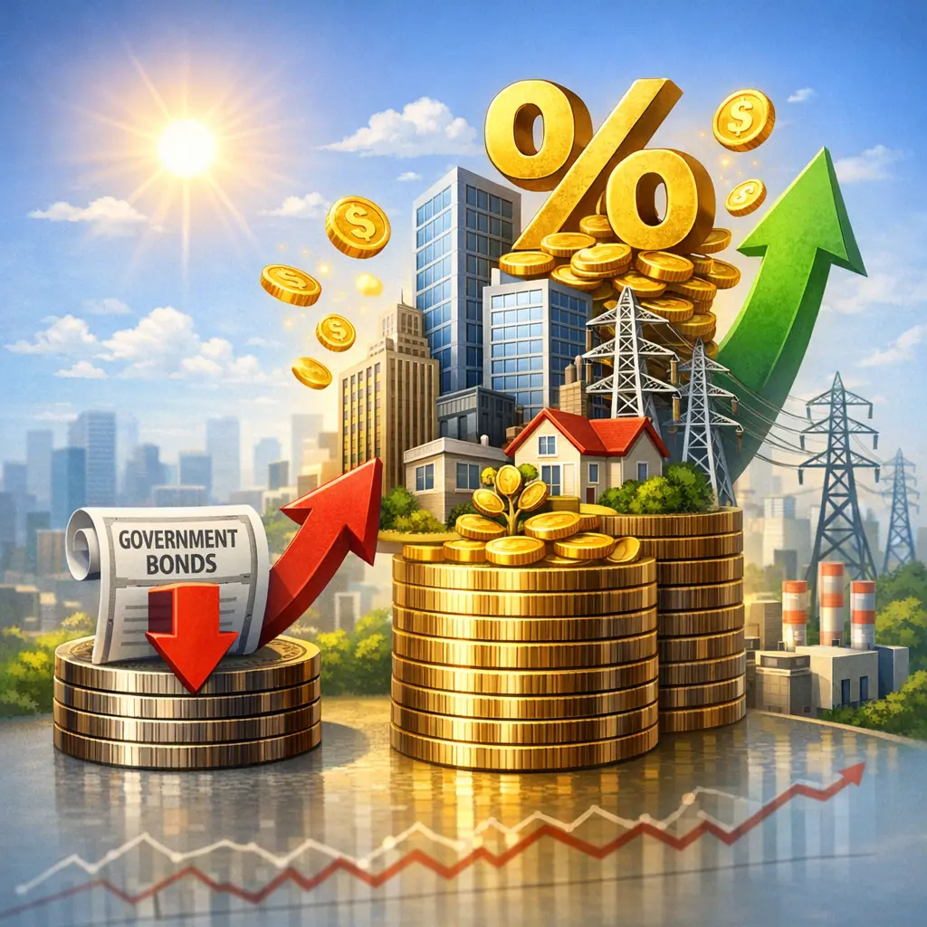 국채 대비 높은 배당 수익을 상징하는 부동산 건물과 전력 시설이 포함된 금융 인포그래픽