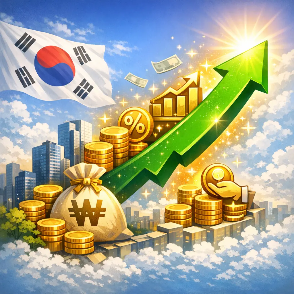 기업 가치 제고 정책을 통한 한국 증시의 저평가 탈피와 주주 환원 확대를 상징하는 우상향 그래프 일러스트