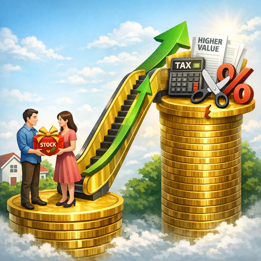 부부간 주식 증여를 통한 취득가액 상향 및 양도세 절감 효과 인포그래픽