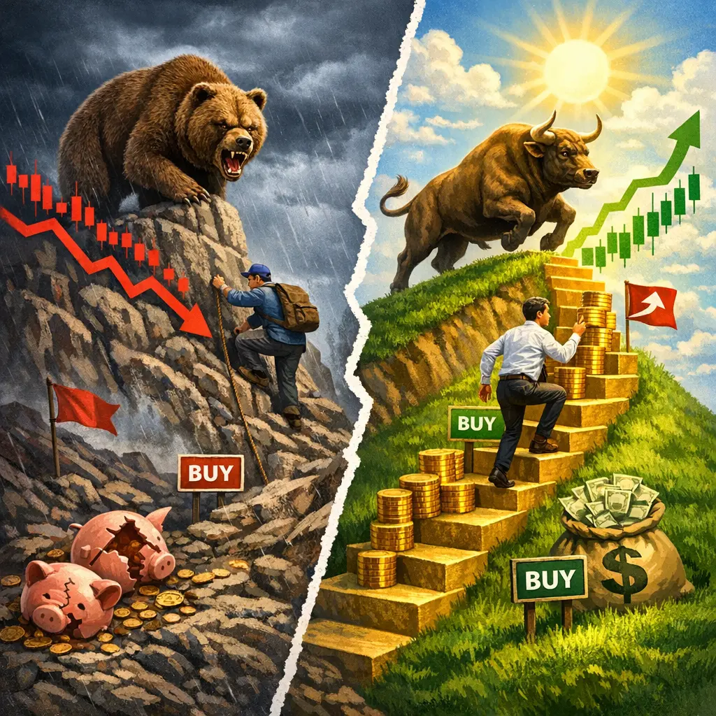 하락장과 상승장에서의 추가 매수 전략을 비교한 주식 수익률 분석 차트 이미지