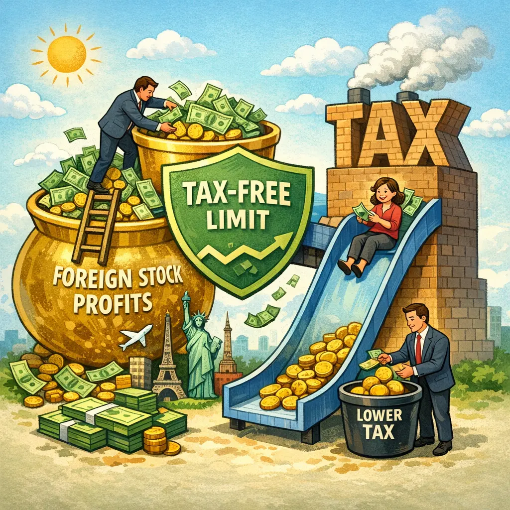 해외주식 투자 수익의 비과세 한도를 적용하여 세금을 줄이는 전략을 묘사한 일러스트 이미지