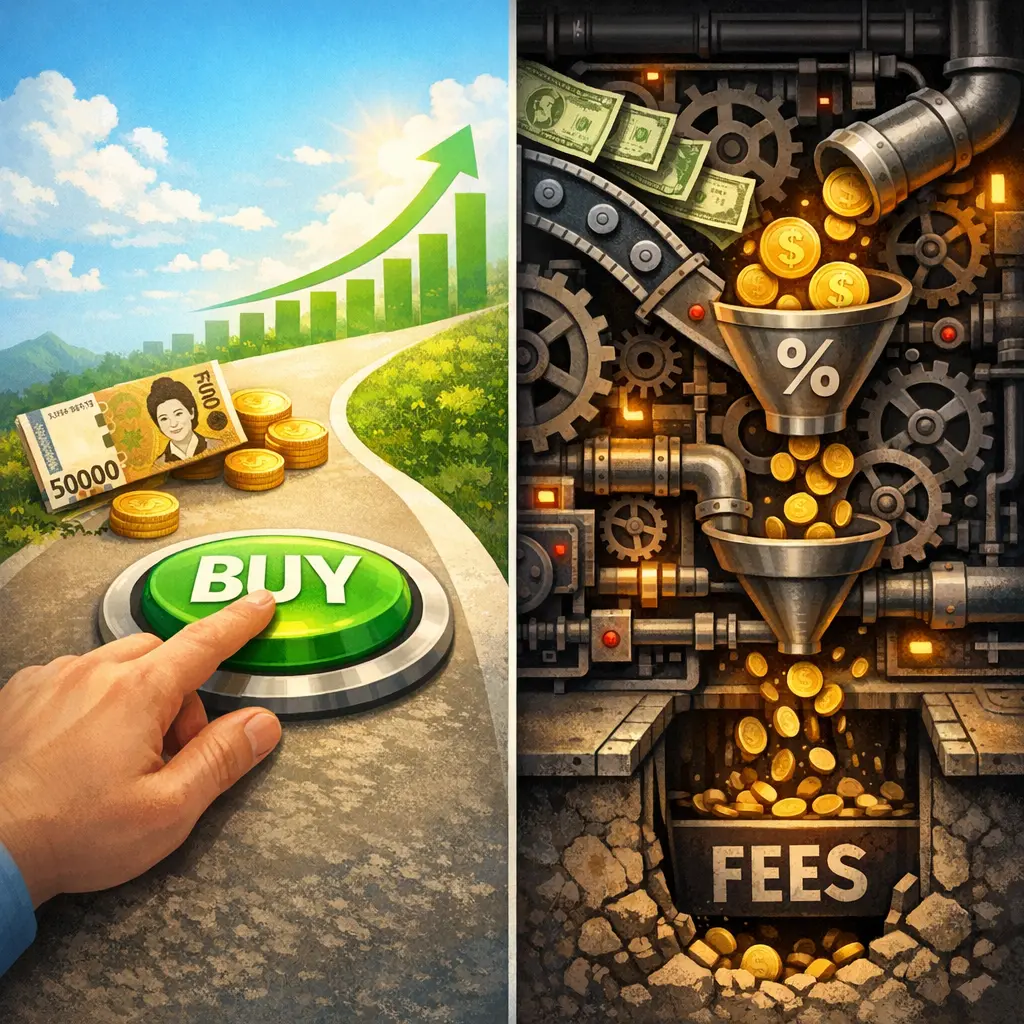 원화 주식 주문의 편리함과 보이지 않는 자동 환전 비용 구조 비교 일러스트