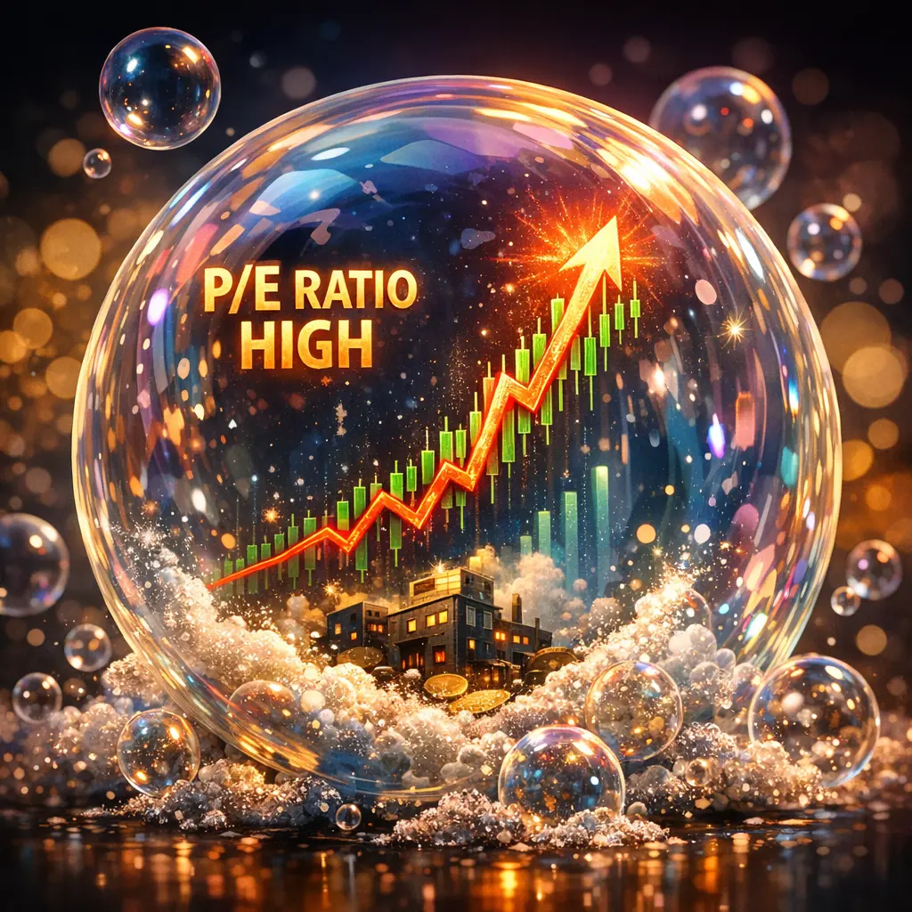실적과 동떨어진 높은 PER 수치를 시각화한 화려한 거품 속의 주가 급등 차트 이미지