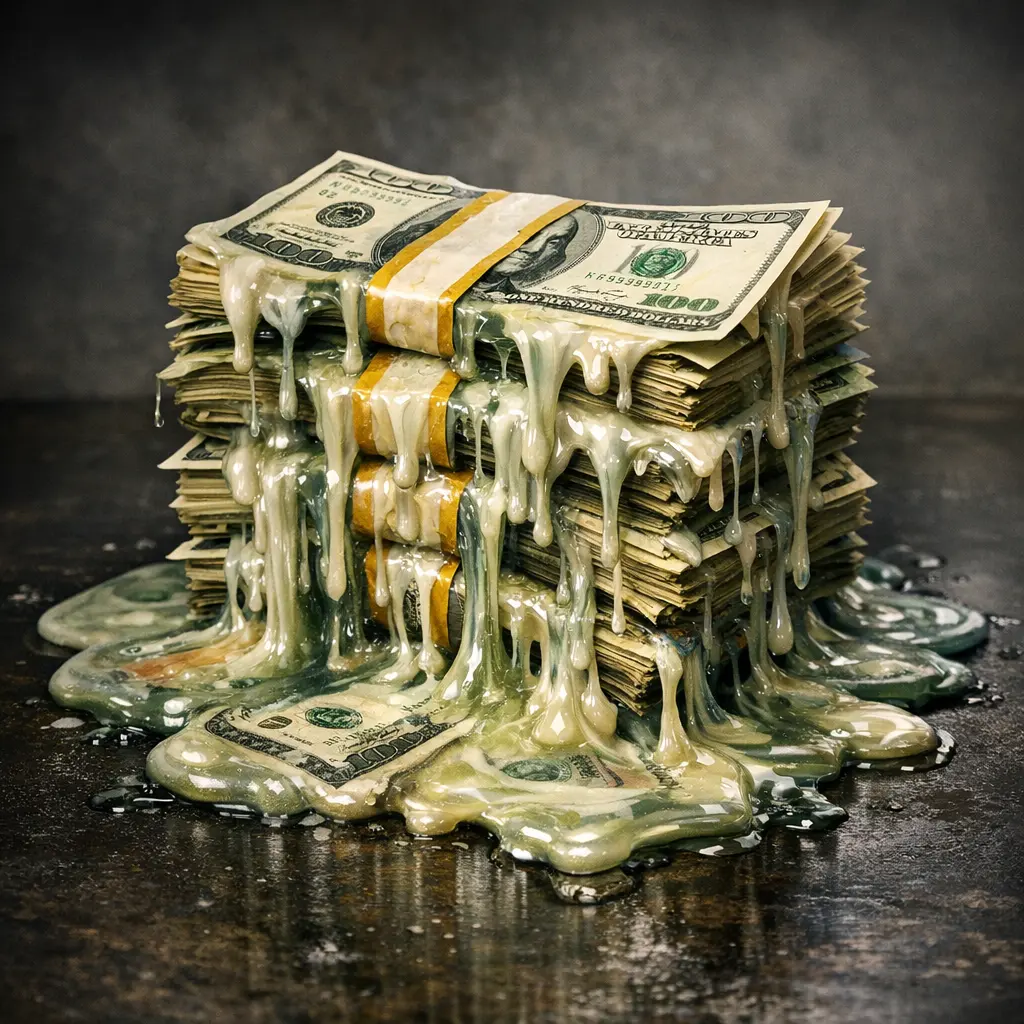 급격한 물가 상승으로 인해 구매력을 잃고 녹아내리는 지폐 뭉치 시각화 이미지