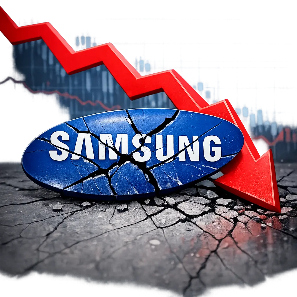 붉은색 하락 곡선을 그리며 균열이 간 삼성전자 로고 이미지