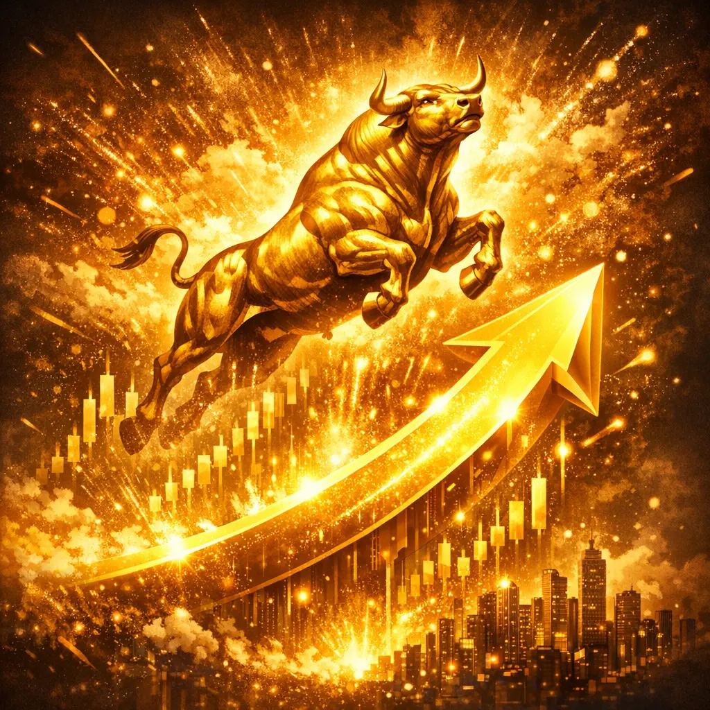황금빛 상승 곡선 위로 솟아오르는 황소와 팽창하는 시장의 에너지