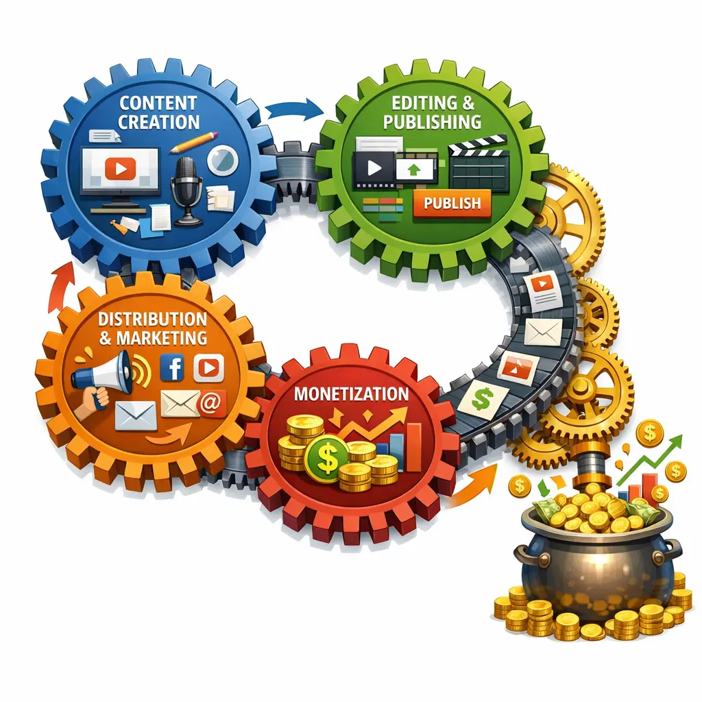 톱니바퀴처럼 맞물려 돌아가는 자동화 콘텐츠 제작 파이프라인과 수익 생성 구조 시각화