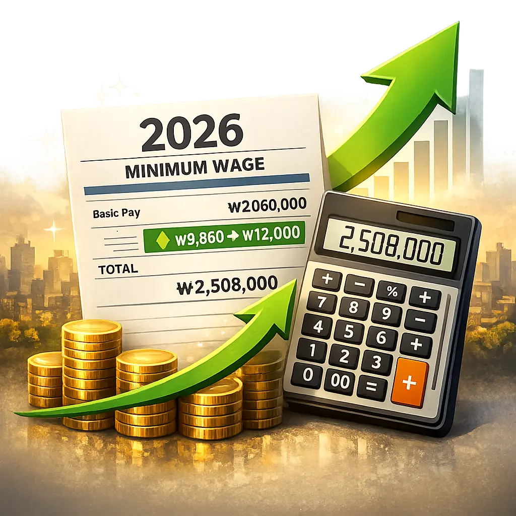 2026년 최저임금 인상분이 반영된 급여 명세서와 계산기 그래픽