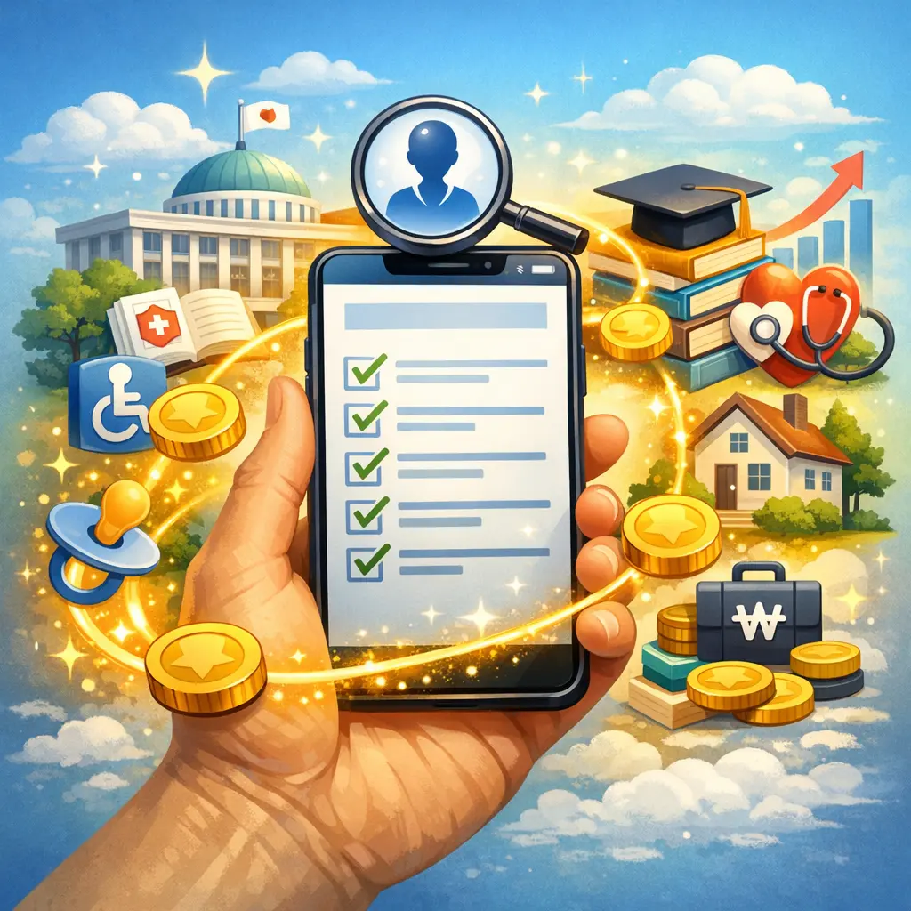 스마트폰으로 나에게 맞는 국가 지원금 목록을 확인하는 보조금24 이용 장면