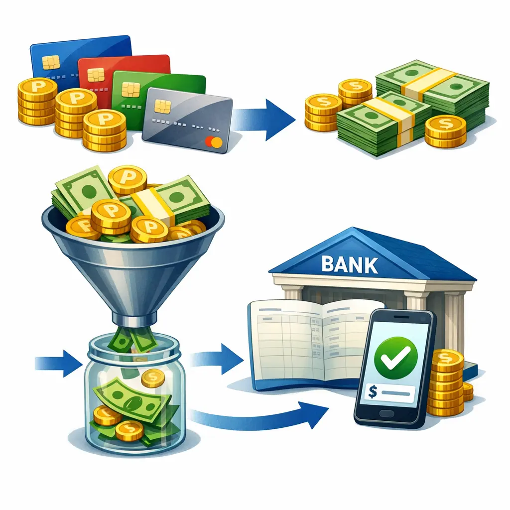 카드사별 잔여 포인트를 현금으로 일괄 전환하여 계좌로 입금받는 과정 안내 이미지