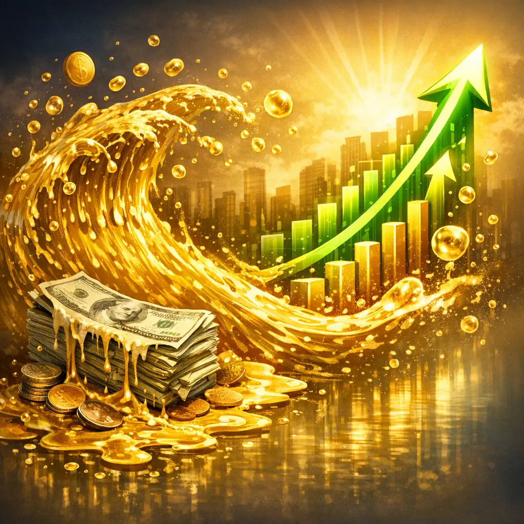 현금 가치 하락과 풍부한 유동성이 주가 지수를 강력하게 견인하는 상승 곡선 이미지