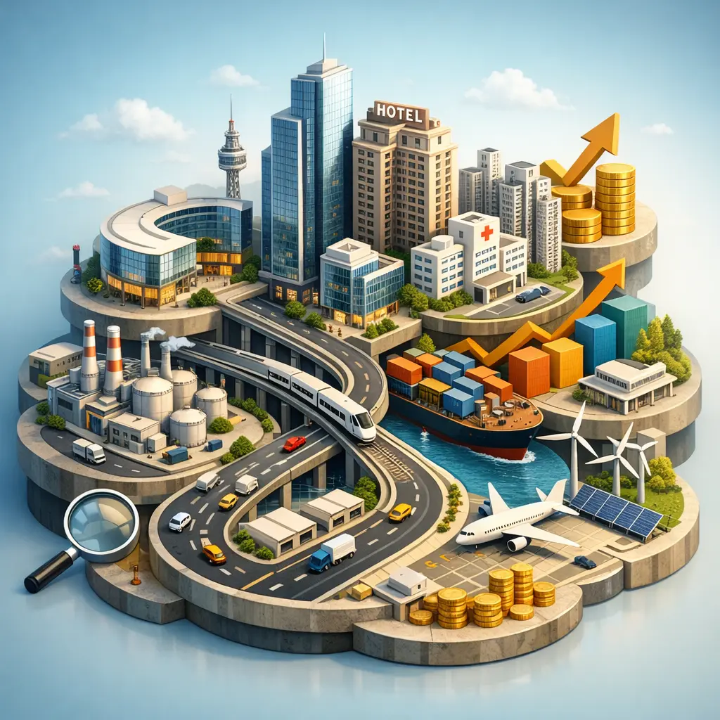 대형 건축물과 기반 시설이 포함된 리츠 포트폴리오를 형상화한 입체 그래픽 이미지