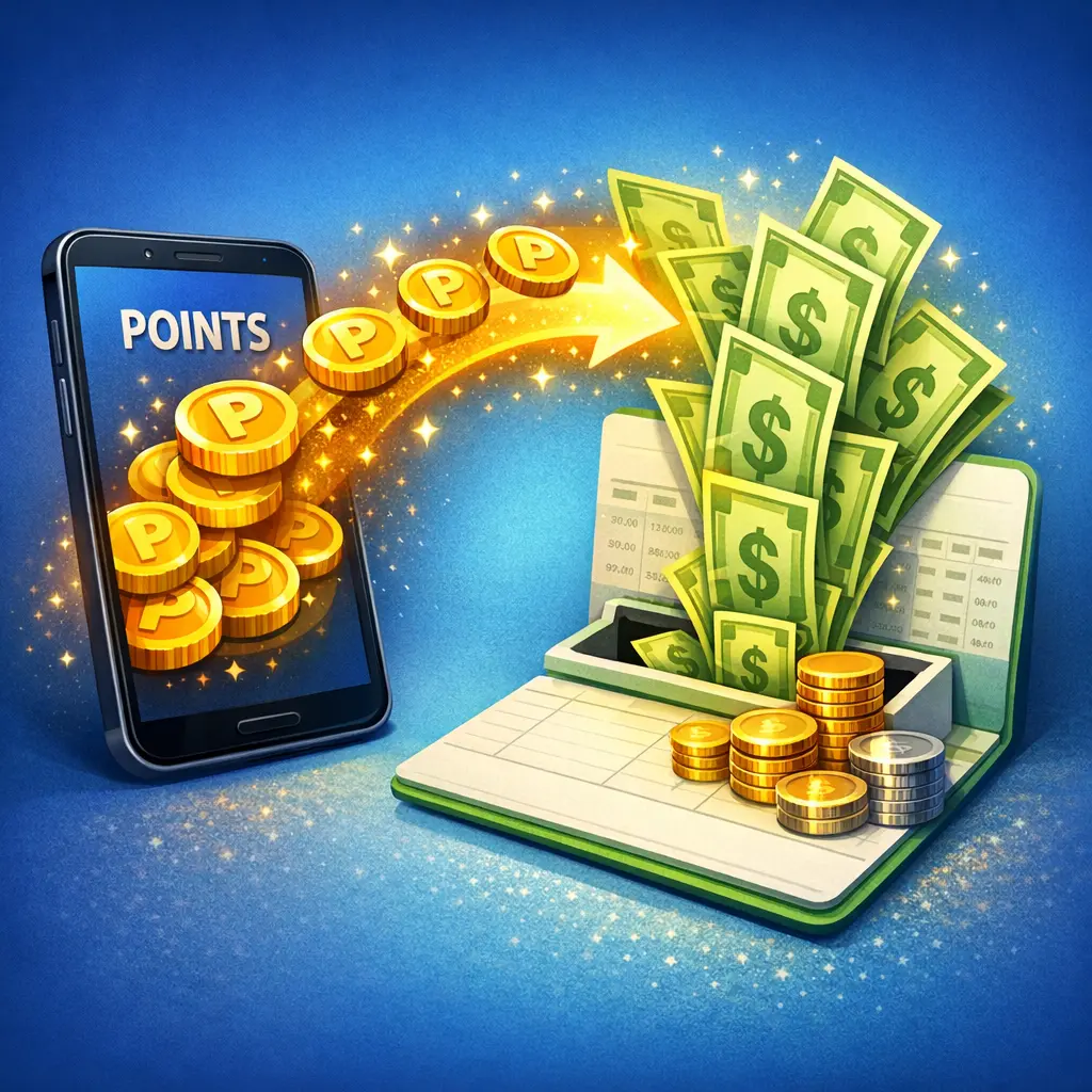 스마트폰 화면 속 카드 포인트가 현금으로 변해 통장에 입금되는 모습을 나타낸 직관적인 일러스트