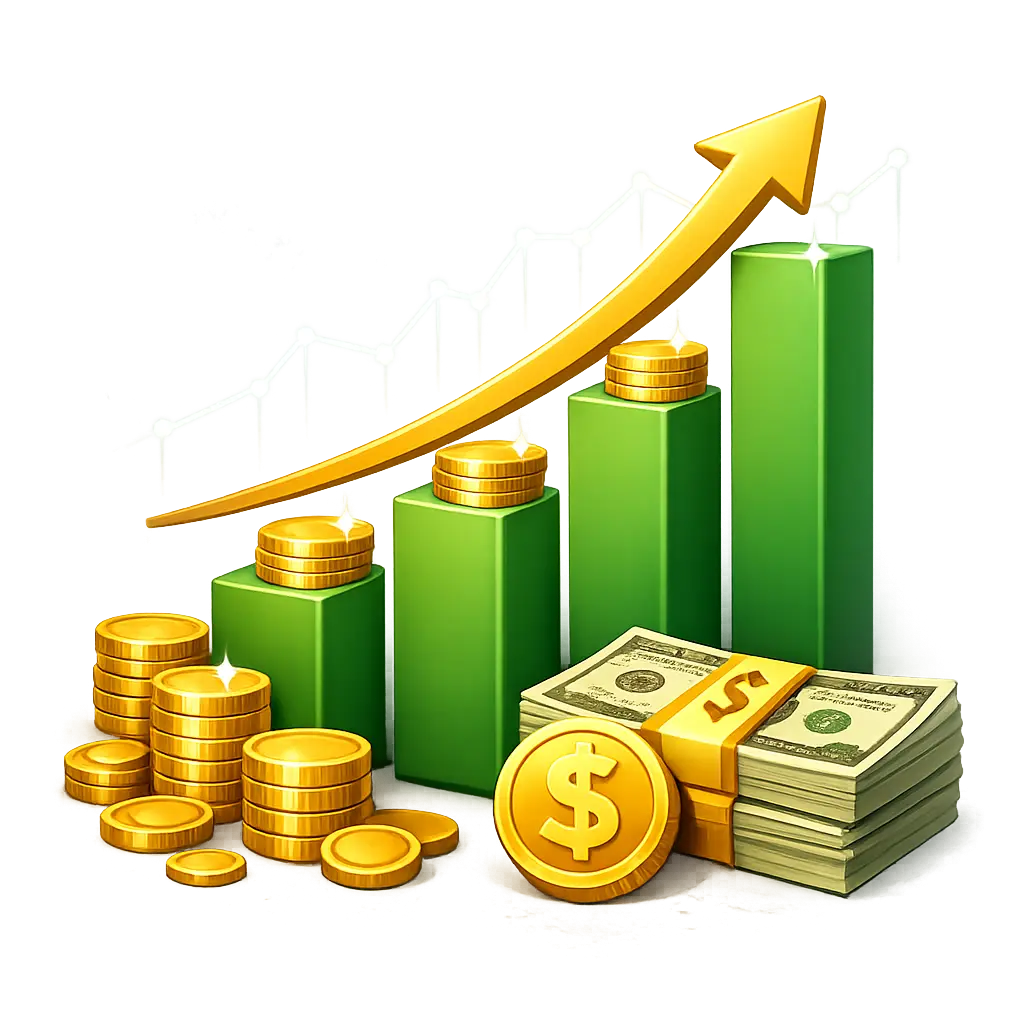 분기별 배당 수익을 나타내는 성장 그래프와 현금 아이콘