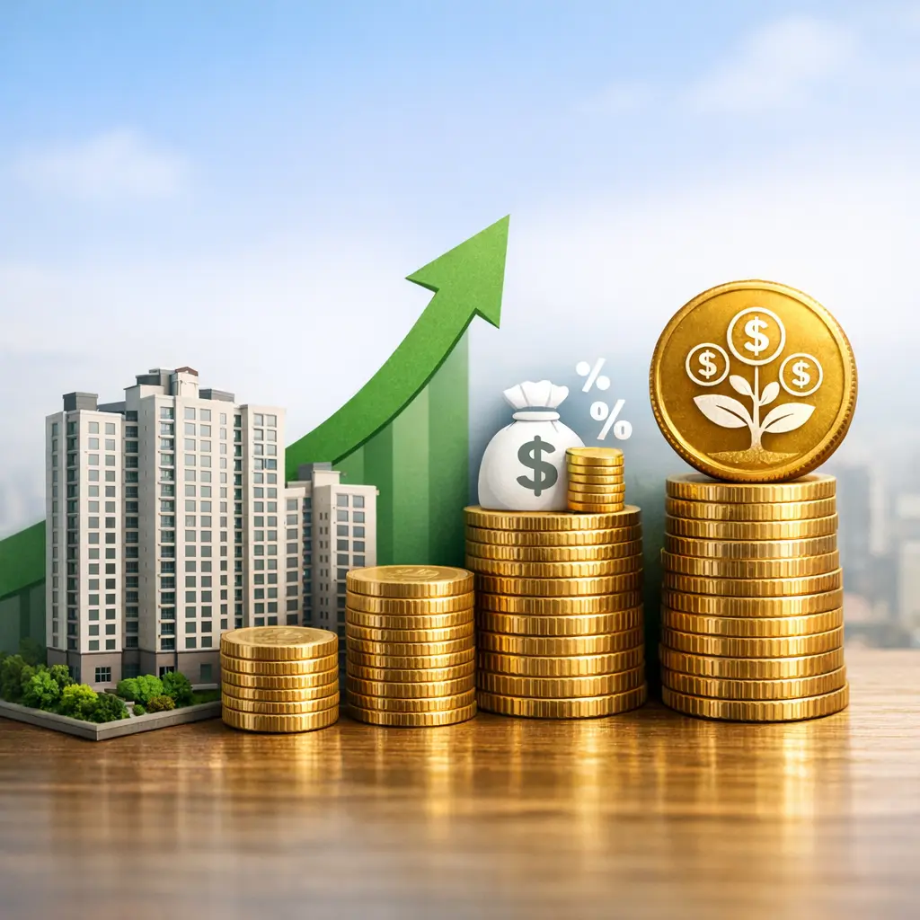 아파트 모형과 주식 배당 수익을 의미하는 동전 더미가 조화를 이룬 재테크 그래픽