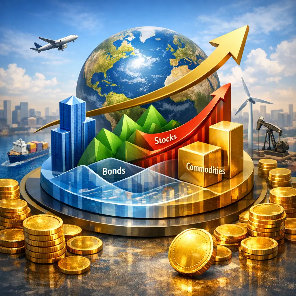 다각화된 글로벌 자산 배분 전략을 시각화한 3D 입체 투자 그래프와 황금 동전 오브제