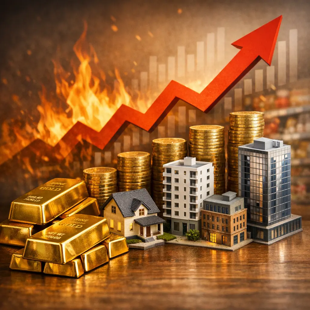 치솟는 물가에 대비해 자산 가치를 보존하는 금괴와 건물 모형이 배치된 모습