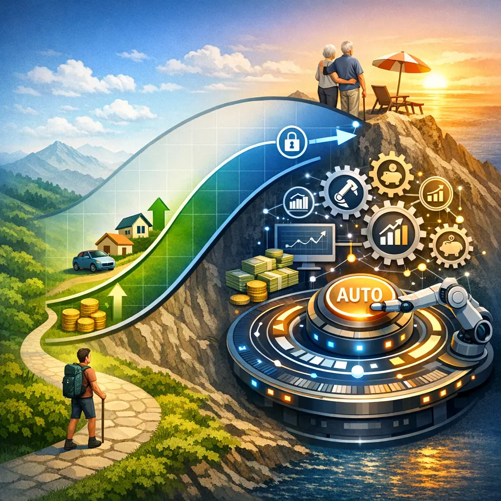 생애주기에 따른 자산 비중 조절 곡선과 연금 자동 운용 시스템을 형상화한 인포그래픽 이미지