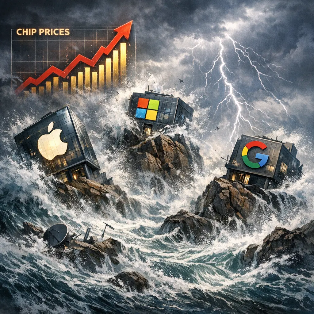 급등하는 반도체 가격 지표와 거친 파도 속 암초를 마주한 글로벌 IT 기업의 위기 상황을 묘사한 일러스트