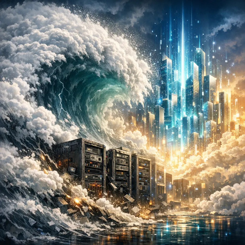 거대한 클라우드 파도가 낡은 서버 인프라를 뒤덮으며 새로운 디지털 소프트웨어 질서가 수립되는 역동적인 모습