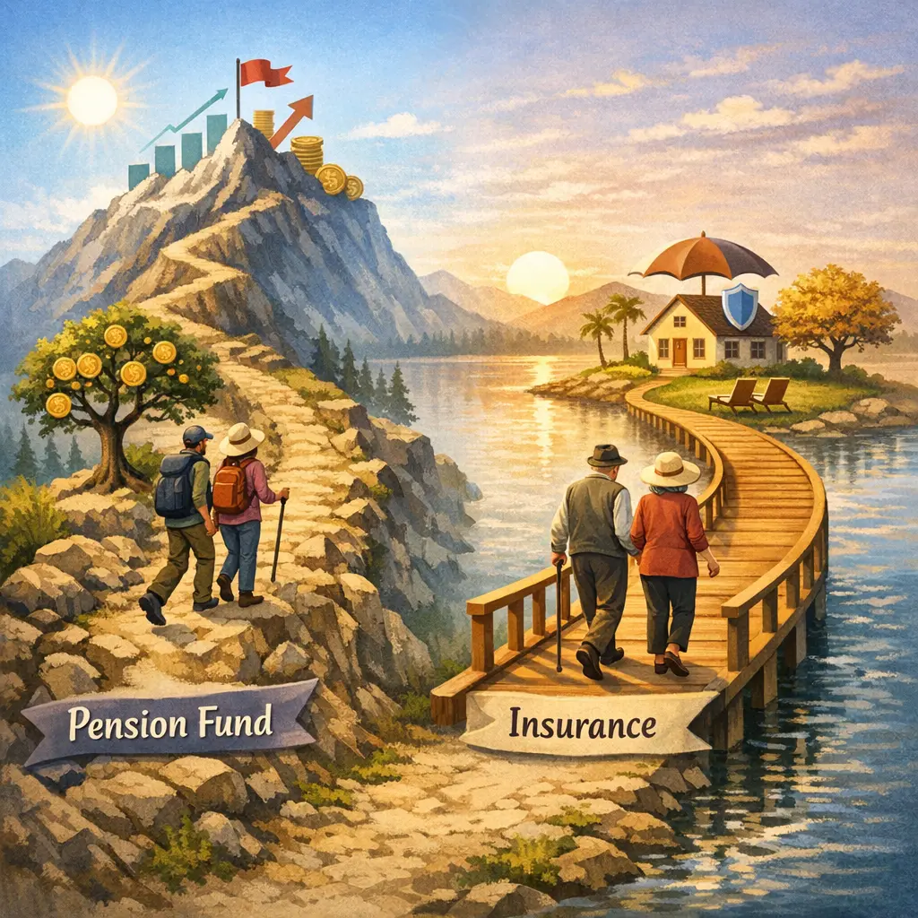 노후 자산 설계를 위한 연금 펀드와 보험의 특징 비교 일러스트
