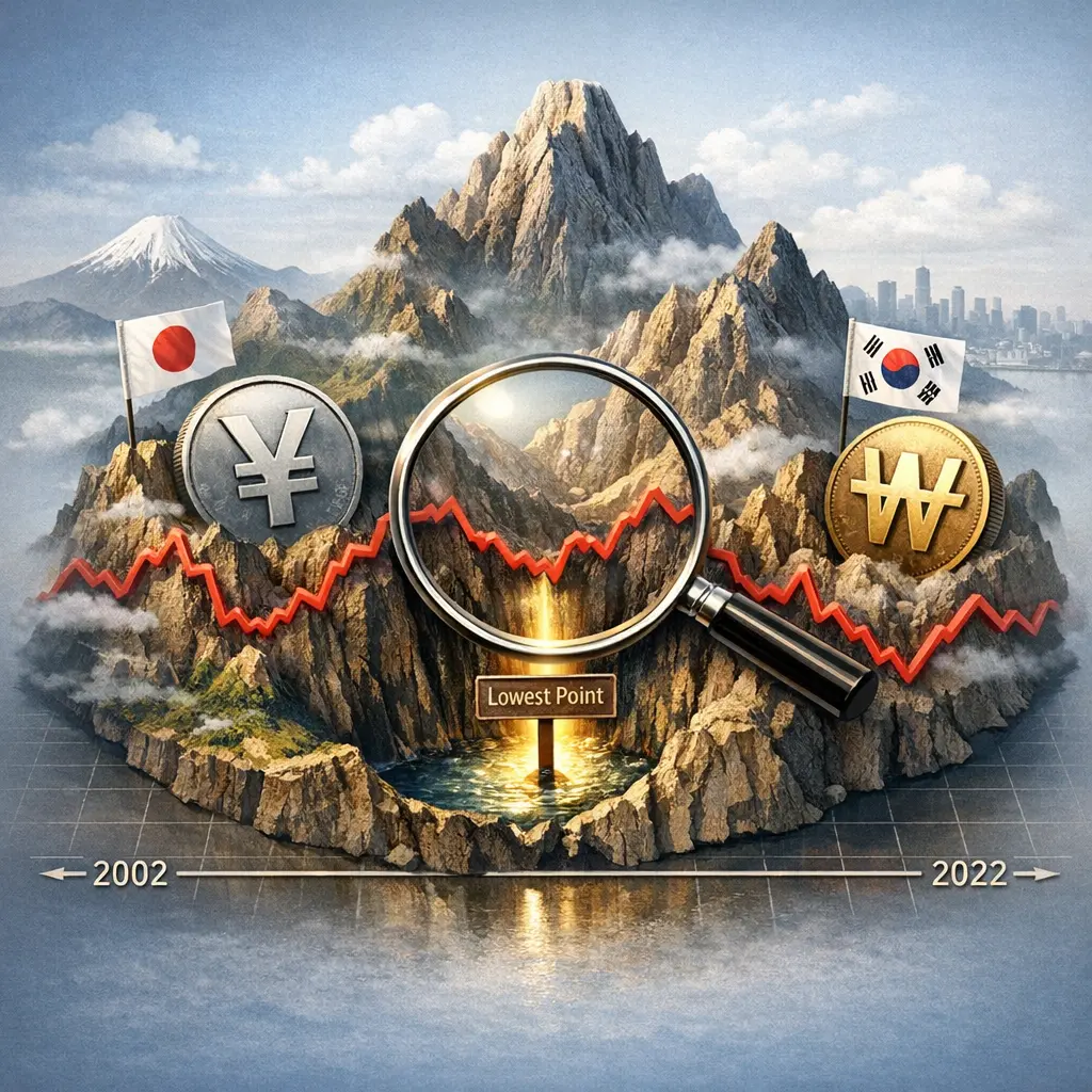 지난 20년 사이의 엔-원 환율 변동 이력과 최저점 지점을 시각화한 데이터 차트