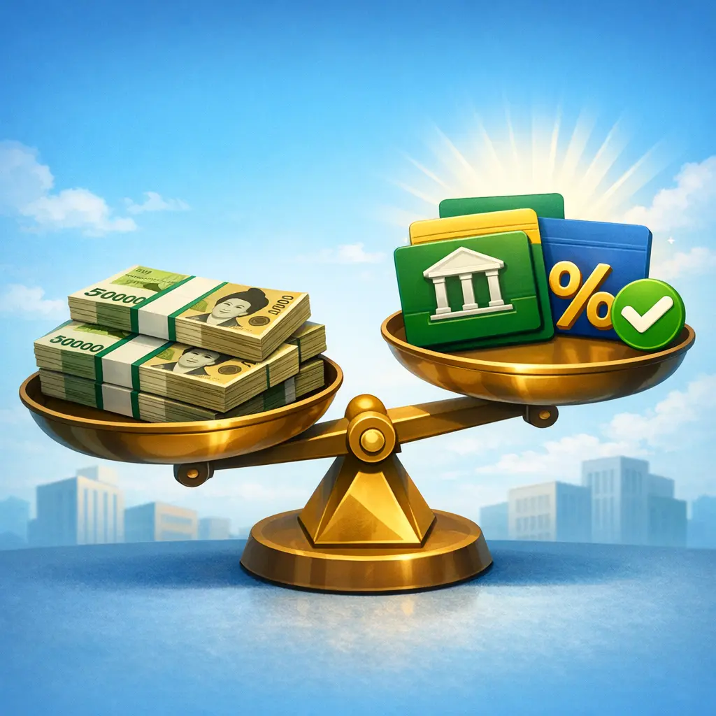 저울 위에 놓인 현금 뭉치와 통장 아이콘으로 유리한 대출 조건을 비교하는 일러스트