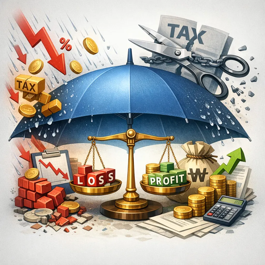 하락장 손실과 이익을 합산하여 세금 부담을 줄이는 금융 보호막 일러스트