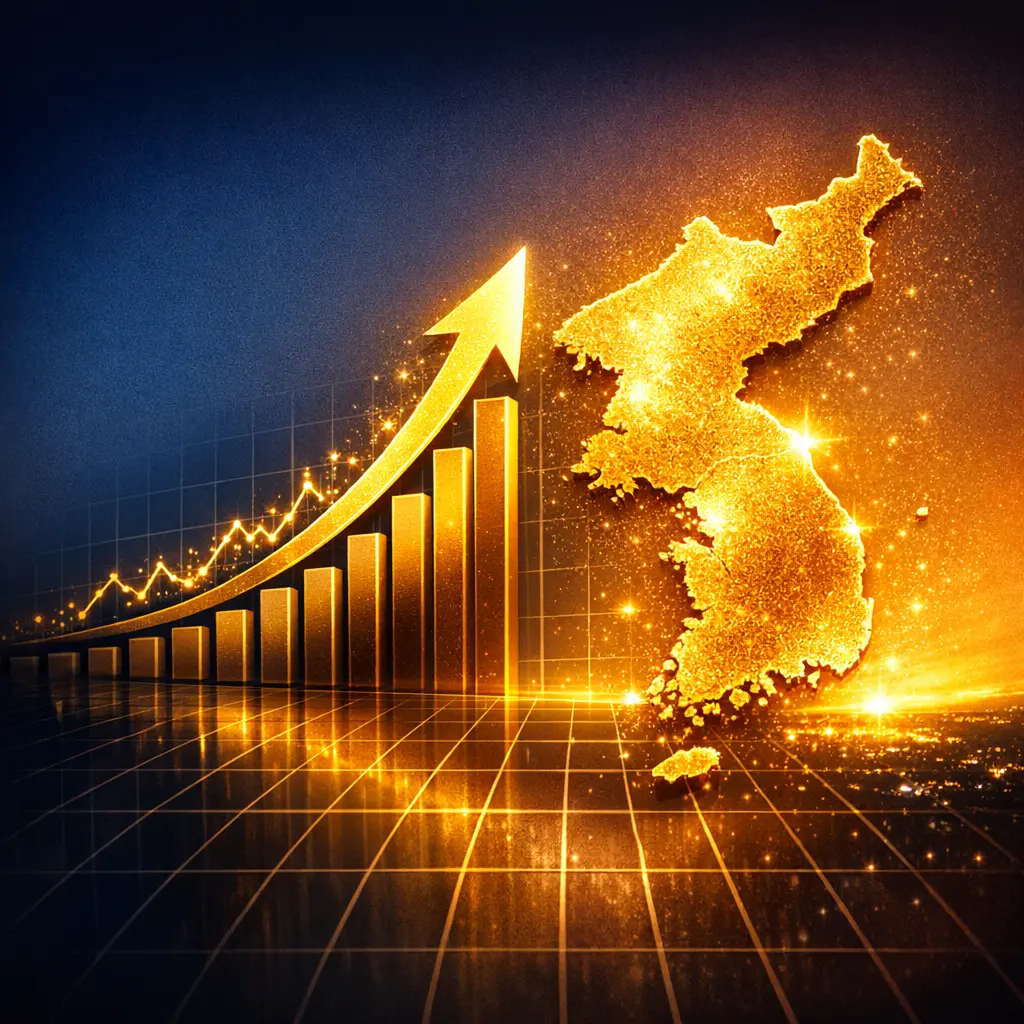 상승 곡선을 그리는 경제 그래프와 황금빛으로 빛나는 한반도 형상