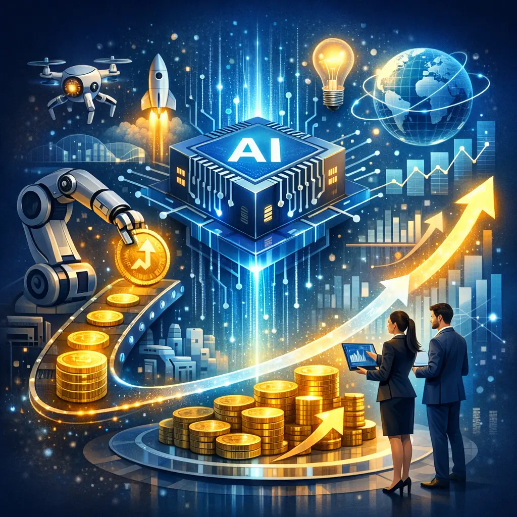 AI 기술을 도구로 활용해 새로운 경제적 가치를 창출하는 미래 지향적인 비즈니스 일러스트