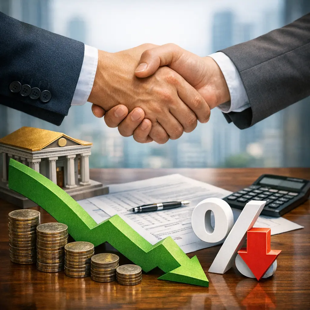 은행과의 전략적 상담을 통해 대출 이자율 인하에 성공한 비즈니스 협상 장면