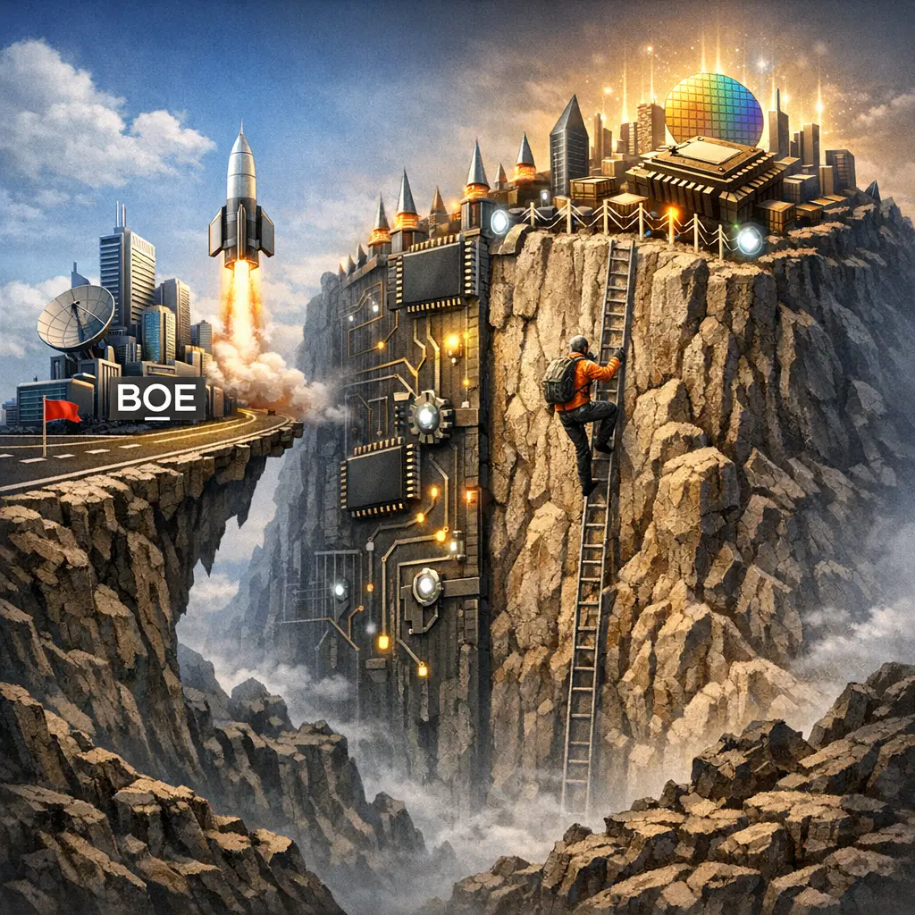 BOE의 사업 확장 시도와 메모리 반도체 시장의 높은 기술적 진입 장벽을 시각화한 그래픽 이미지