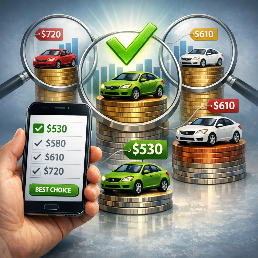 스마트폰으로 여러 다이렉트 자동차 보험 견적을 비교하며 가장 합리적인 비용을 확인하는 모습