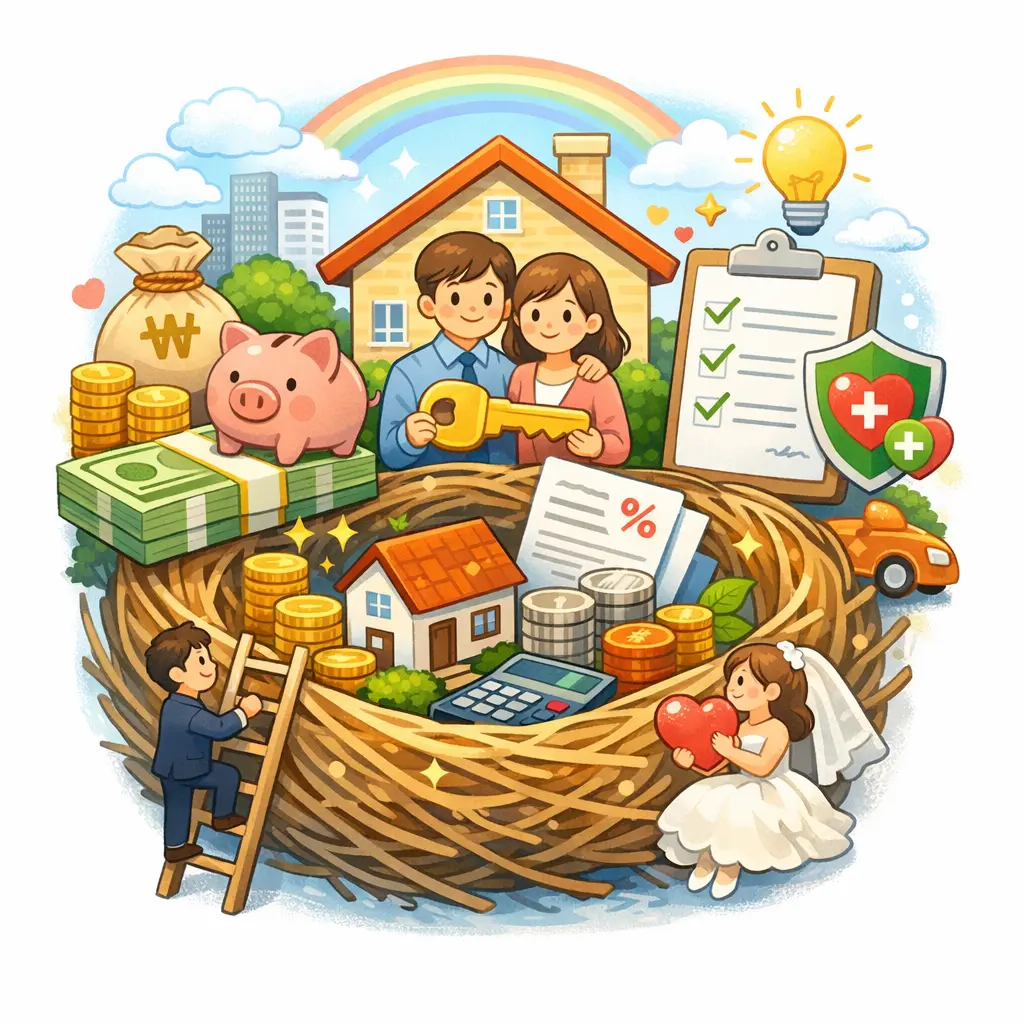 사회초년생 및 신혼가구 대상 주택 자금과 금융 복지 혜택 요약 일러스트