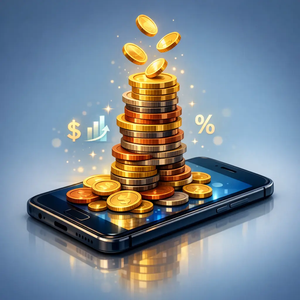 스마트폰 위로 동전이 쌓이며 소액으로 부수입을 만드는 디지털 입체 일러스트