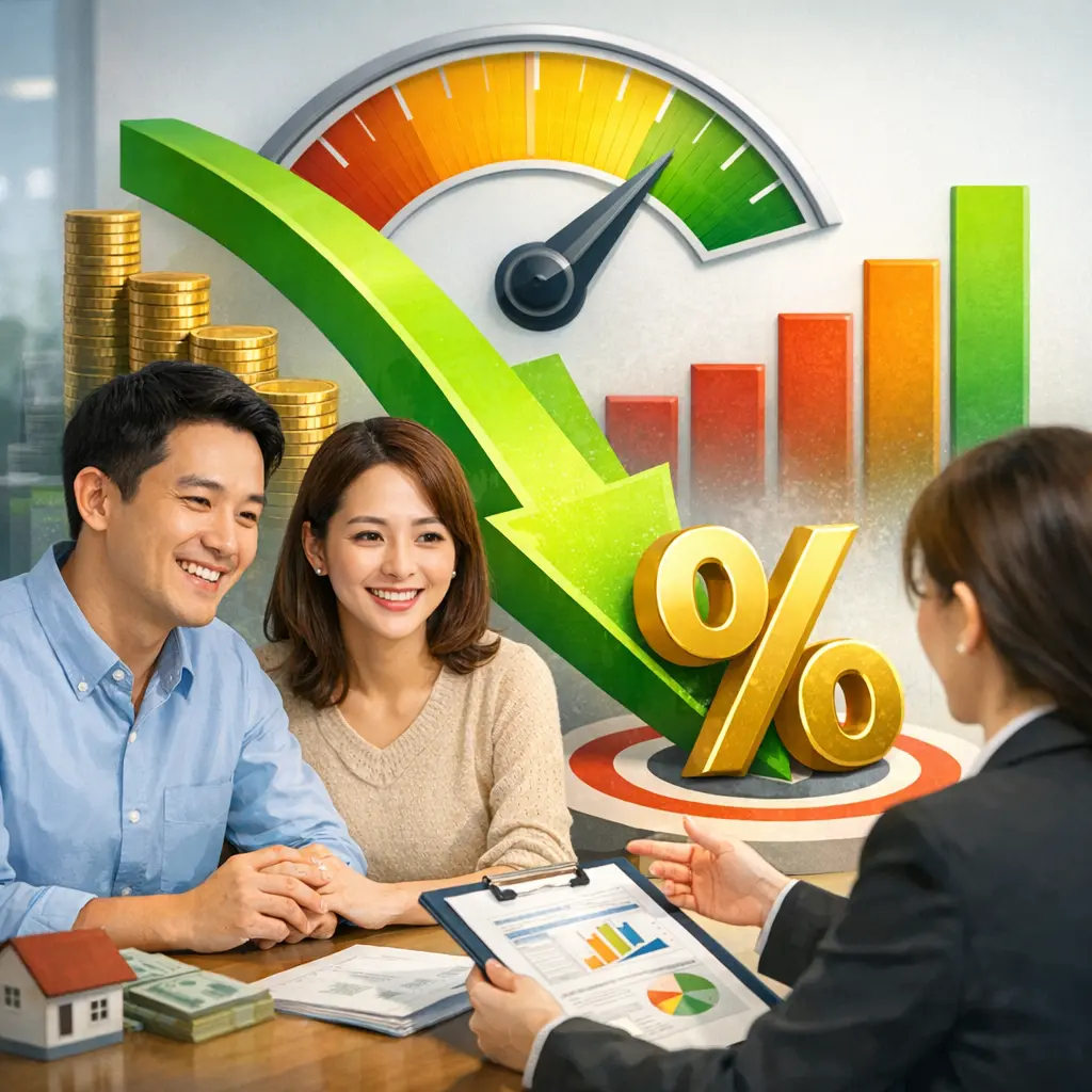 은행 상담 창구에서 유리한 대출 조건을 제안받으며 미소 짓는 고객과 금리 인하 성공 수치를 시각화한 그래픽 이미지