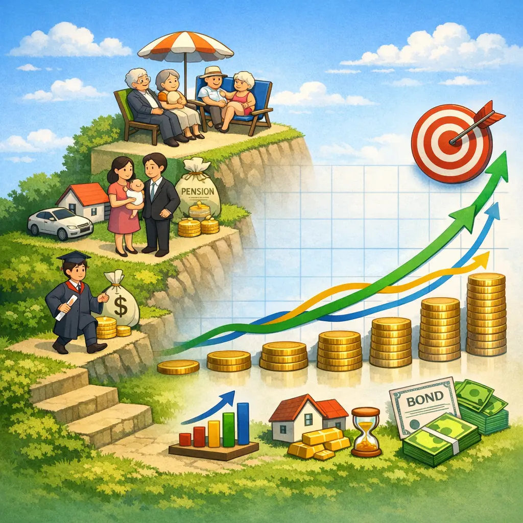 생애 주기별 자산 포트폴리오 구성 및 연도별 기대 수익률 비교 차트