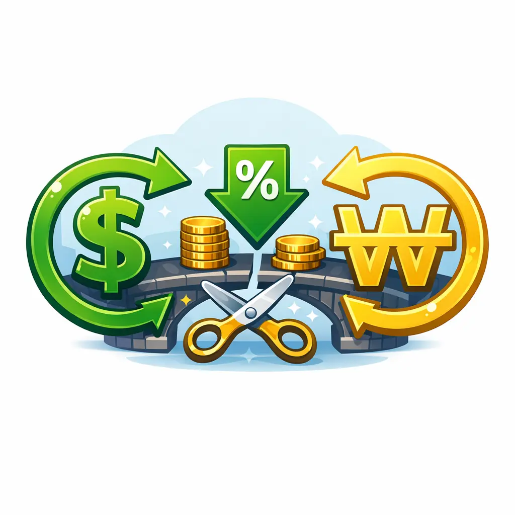 달러와 원화 기호 사이에서 환전 비용 절감을 시각화한 경제 아이콘 일러스트