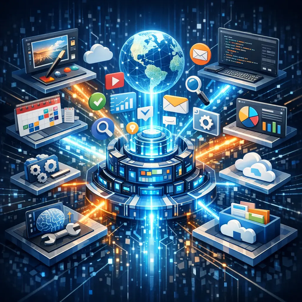 산재된 개별 기능 툴들이 하나의 거대한 통합 플랫폼 허브로 응집되어 체계화되는 디지털 일러스트