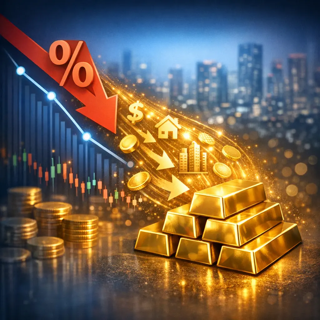 금리 인하 기조에 반응해 실물 자산으로 몰리는 자본의 흐름과 골드바 입체 그래픽