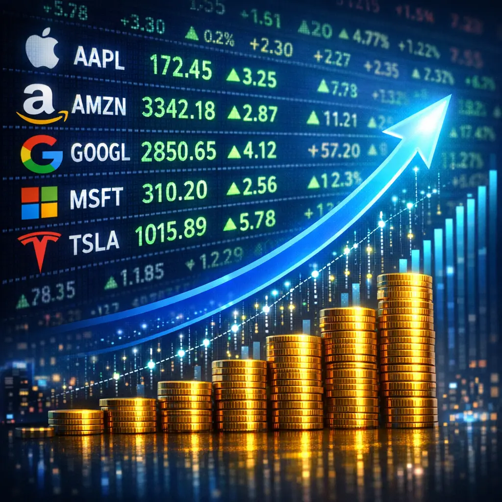 나스닥 우량 기술주들의 기업 가치 상승을 나타내는 우상향 그래프와 디지털 주가 전광판 이미지